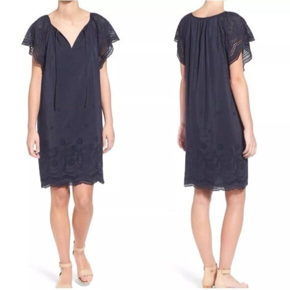Madewell Dress Navy Blue Medium 6 8 10 Short Sleeve Embroidered Silk Cotton - Picture 9 of 15